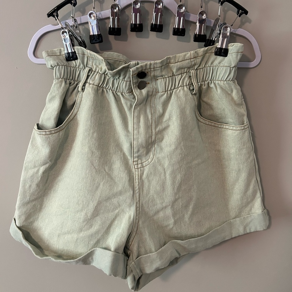 She and Sky High Waisted Light Green Jean Shorts with Elastic Waist Size M
